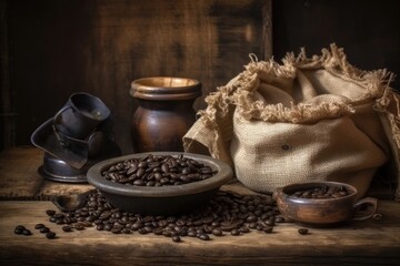 Fototapeta na wymiar coffee beans in a sack and a bowl. Generative AI
