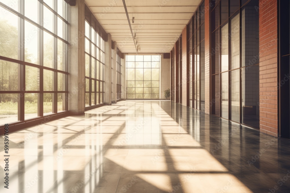 Poster bright and airy hallway with tiled floor and large windows. generative ai