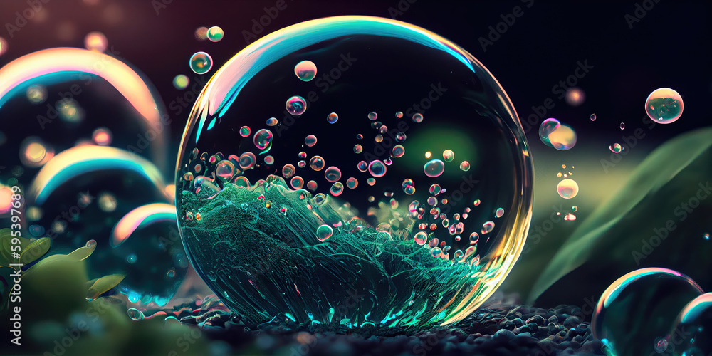 Poster perfect transparent shiny soap bubbles on a black background. generative ai