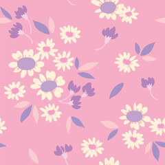 Seamless floral pattern, liberty ditsy print in gentle pastel colors. Pretty botanical design with cute hand drawn plants, small flowers, leaves on a pink background. Vector illustration.