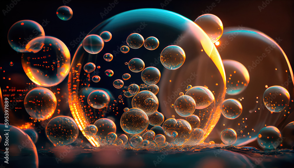Poster perfect transparent shiny soap bubbles on a black background. generative ai