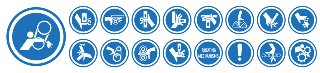 Hand entrapment hazard signs. Hand tightening warning sign. EPS 10.