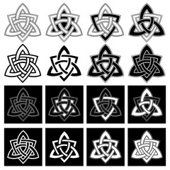 Triquetra. Spiral geometric ornament set. Stylized contour and filled ornaments. Tattoo, design and decor elements. Highly detailed and accurate lines for print or engraving