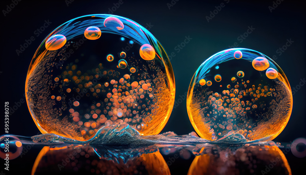 Poster perfect transparent shiny soap bubbles on a black background. generative ai