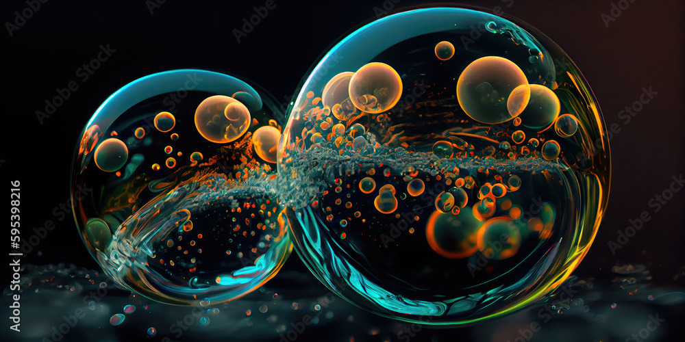 Poster perfect transparent shiny soap bubbles on a black background. generative ai