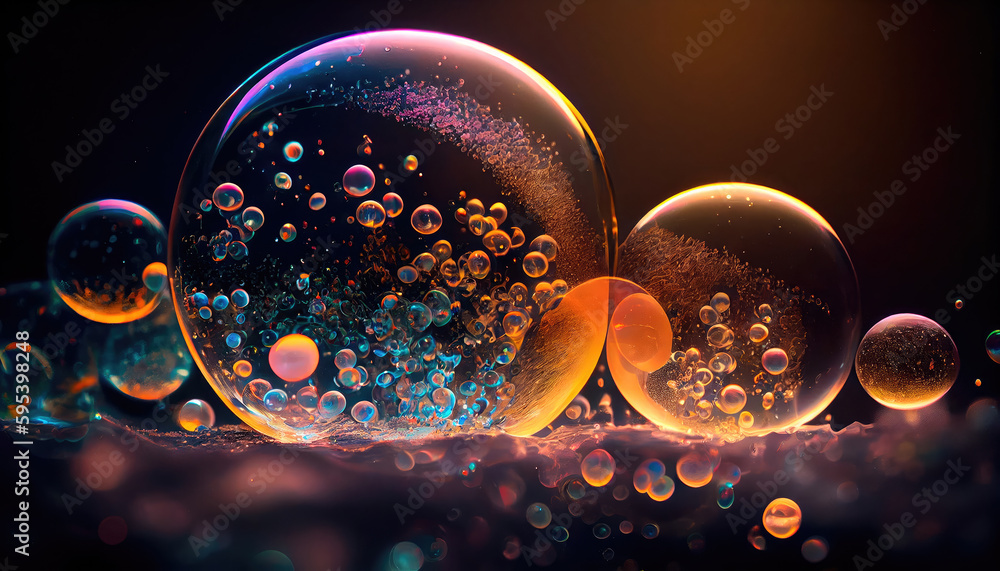 Poster perfect transparent shiny soap bubbles on a black background. generative ai