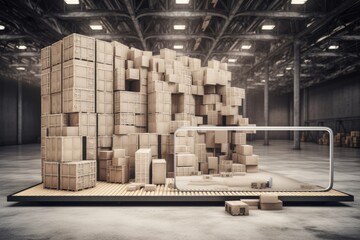 boxes stacked in a warehouse with forklift and workers. Generative AI
