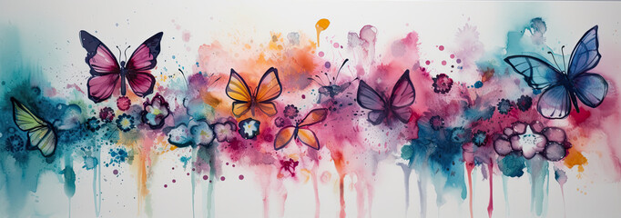 alcohol ink wide border of colorful daisy flowers and butterflies - Generative AI Art 