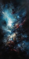 Obraz na płótnie Canvas orion constellation mostly blue sky filled lots clouds exploding nebulae stunning volumetric light intense oil paint quasar interstellar page linen graphic spectral evolution starry, generative ai