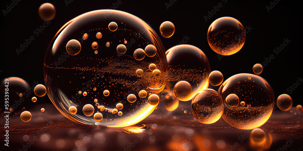 Poster perfect transparent shiny soap bubbles on a black background. generative ai