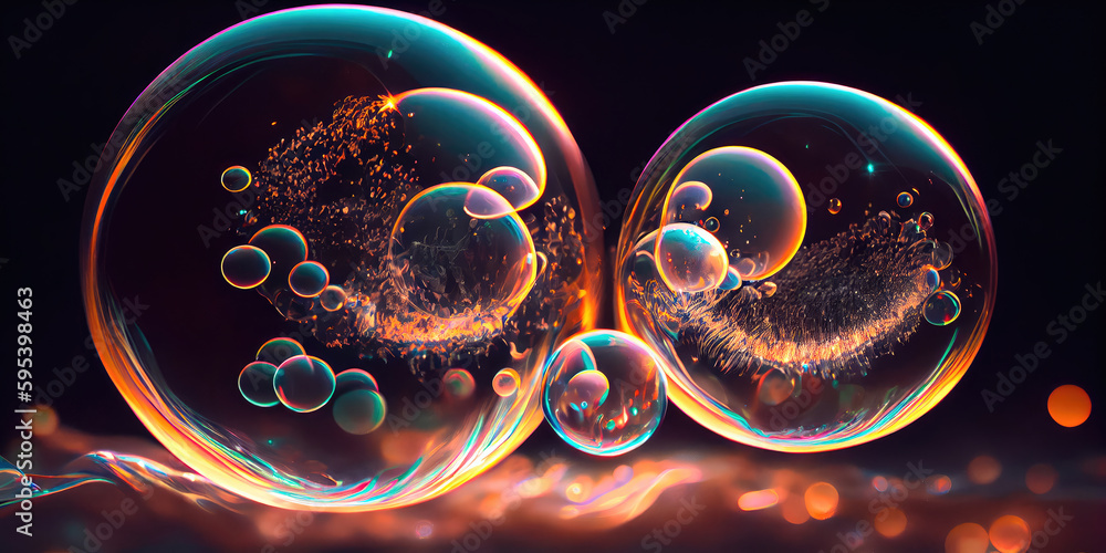 Poster perfect transparent shiny soap bubbles on a black background. generative ai