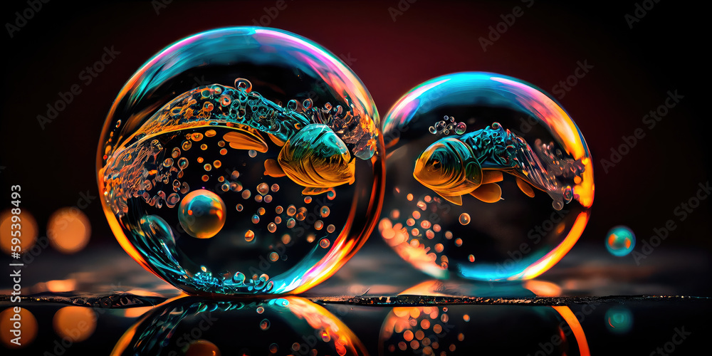 Poster perfect transparent shiny soap bubbles on a black background. generative ai