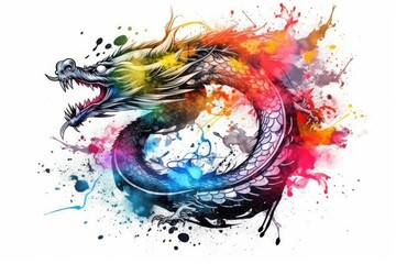 vibrant dragon painted in watercolor on a blank white background. Generative AI