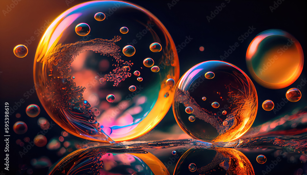 Poster perfect transparent shiny soap bubbles on a black background. generative ai