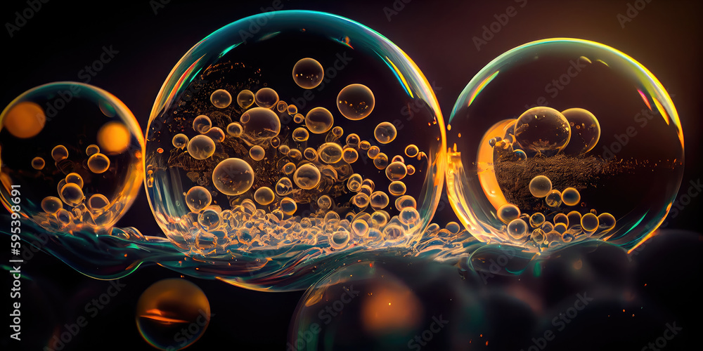 Poster perfect transparent shiny soap bubbles on a black background. generative ai