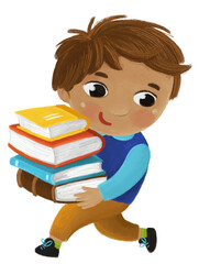 cartoon child kid boy pupil going to school holding books learning childhood illustration for children