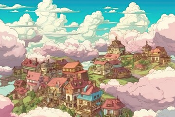 Obraz premium picturesque town surrounded by fluffy clouds. Generative AI