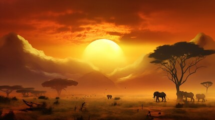 The magic of Africa: stunning sunset, serene Landscape, and majestic elephants, Wallpaper on the screen, background created using generative AI