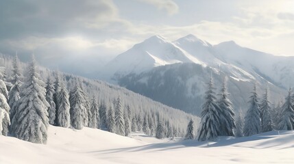 Obraz premium Majestic winter wonderland of mountains: Snowy landscapes, towering trees, and breathtaking views, background, created using generative AI