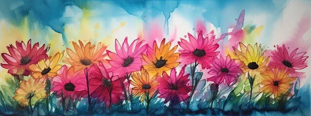 Alcohol ink painting of colorful daisies in a wide border - Generative AI 
