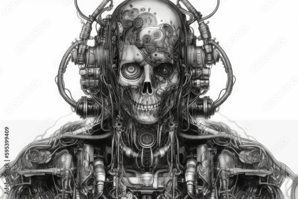 Aufkleber skeleton with a robotic head. generative ai