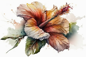 Generative AI. Tropical pink flower, hibiscus. Mallow watercolor illustration, botanical painting