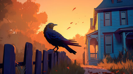 Spooky afternoon scene and raven looking home.Generative AI