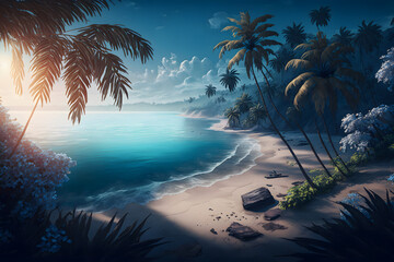 Naklejka na ściany i meble panorama of tropical beach with coconut palm trees. Neural network AI generated art