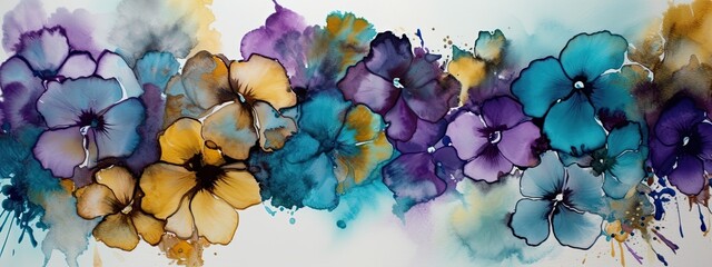 alcohol ink painting of colorful African Violet flowers in a wide border - Generative AI 