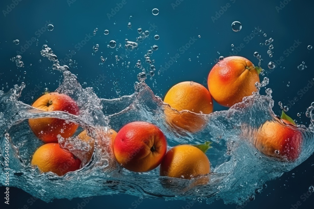 Poster apples falling into a clear body of water, creating splashes and ripples. generative ai