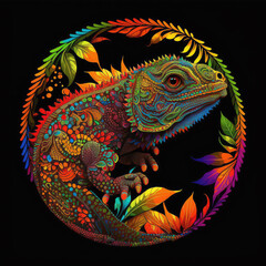 Colorful detailed iguana mandala art on a black background. Created with Generative AI technology.	