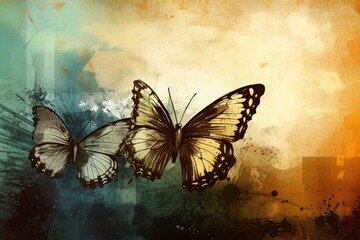 Fototapeta na wymiar two colorful butterflies in flight against a blue sky background. Generative AI