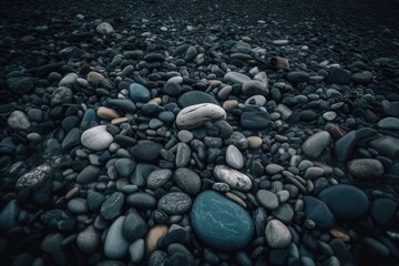 pebble beach with colorful stones scattered on the sand. Generative AI