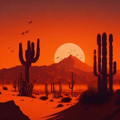 dessert with bright sun and cactus. old west style