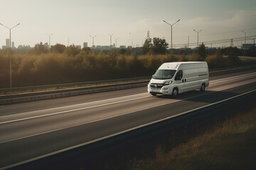 Fototapeta na wymiar White delivery van on highway, logistics concept. Generative AI