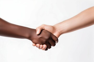 Shaking Black and White Hands on White Background. Generative ai