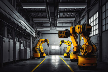 Yellow robotic arms in a car plant. Designing and constructing modern futuristic technology. Generative ai