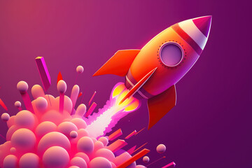 Illustration of a pink rocket on a purple background. Colorful spaceship design, funny cartoon. Generative ai.