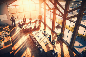 High angle view of a modern workspace, bright and sunny office with several business people working on their projects. Generative ai