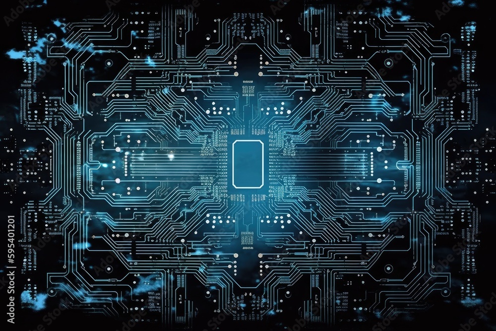 Poster computer circuit board with a glowing blue led light. generative ai