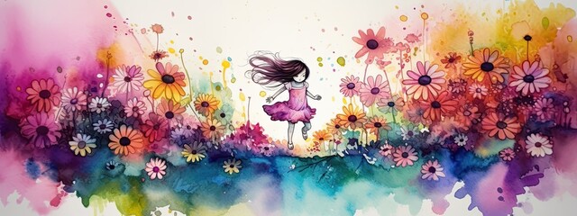 Fototapeta premium Alcohol ink drawing of a little girl playing in colorful daisies large border - Generative AI