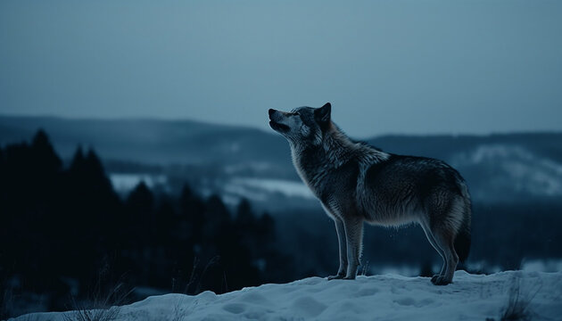 Majestic gray wolf walking through winter wilderness howling generated by AI