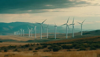 Fototapeta na wymiar Wind turbines turning in a row, sustainable growth generated by AI