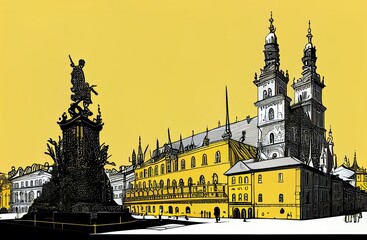 Fototapeta na wymiar Krakow Travel Illustration, Poland Tourism Concept, Graphic Art, Drawing Imitation, AI Generative Content