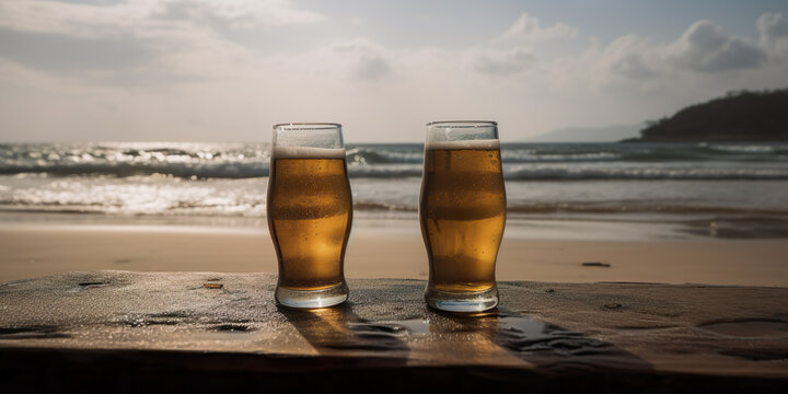Two glasses of beer with the beach in the background, vacation concept, image created with AI