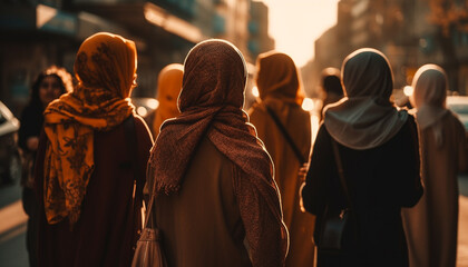 Fototapeta na wymiar Young women walking in city, diverse cultures abound generated by AI