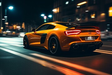 Fototapeta na wymiar High-end orange-gold sports car driving through suburban city streets at night. Generative AI