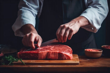 Chef butcher prepare beef steak. Fresh raw meat at the butcher. Close up of meat in store. Generative AI.