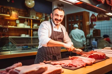 Fotobehang Smiling chef butcher cutting meat at counter. Fresh raw meat at the butcher. Close up of meat in store. Generative AI. © VisualProduction