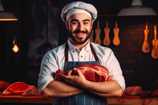 Portrait of professional butcher in white uniform in studio. Happy pose and holding raw meat. Generative AI